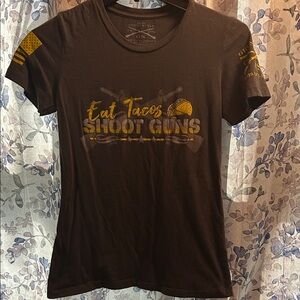 Black Graphic T-Shirt with Yellow Print army/America Eat tacos shoot guns